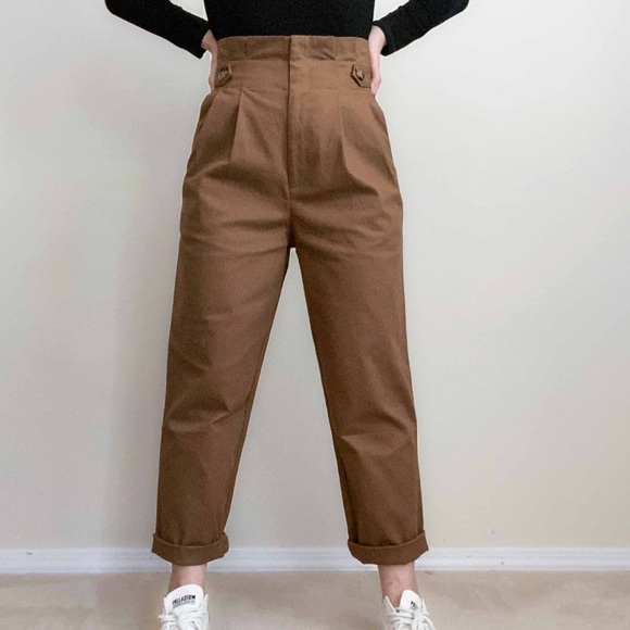NWT hi rise paper bag pants w button in camel - Picture 2 of 13